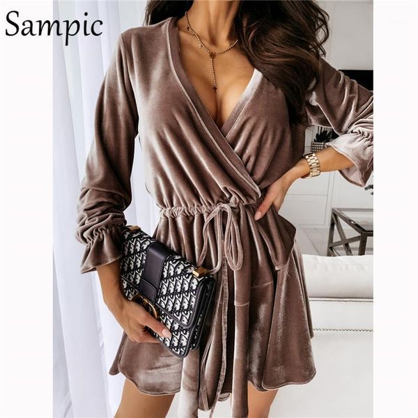 

sampic women khaki black v neck velvet long sleeve a-line mini autumn lace up dress 2021 party club short bandage casual dresses, Black;gray