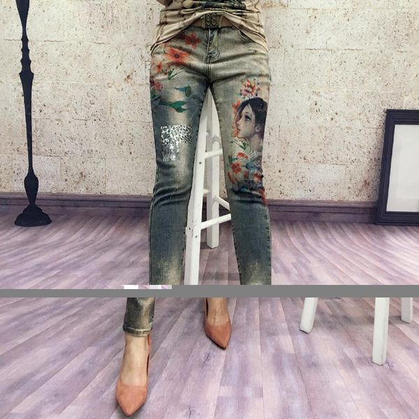 

european station printed stretch pants please oil painting leopard patchwork cloth golden painted female winter jeans women's, Blue