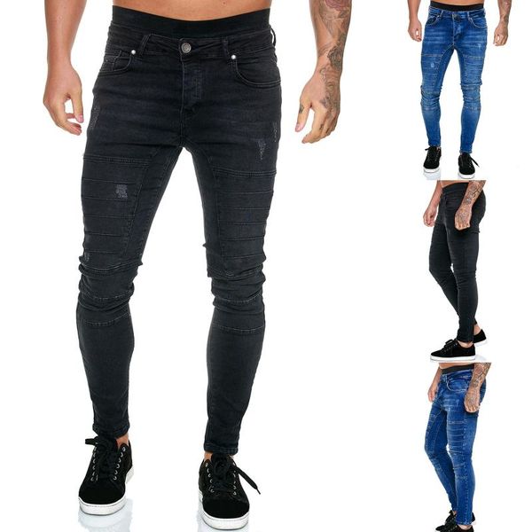 

men's jeans casual solid color ripped pleated frayed gradient washed trousers fashion skinny denim, Blue
