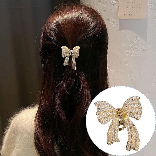 

bowknot pearl hair claws clamps women girl sweet barrettes ponytail clip elegant korean style hair accessories, Slivery;golden