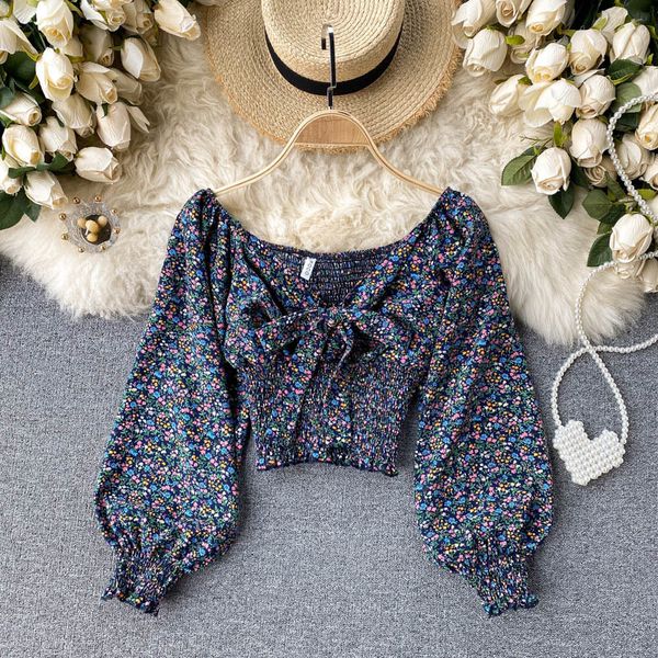 

blouses french floral blouse women sweet bow v neck sleeve elastic ruched autumn boho print streetwear short blouses, White