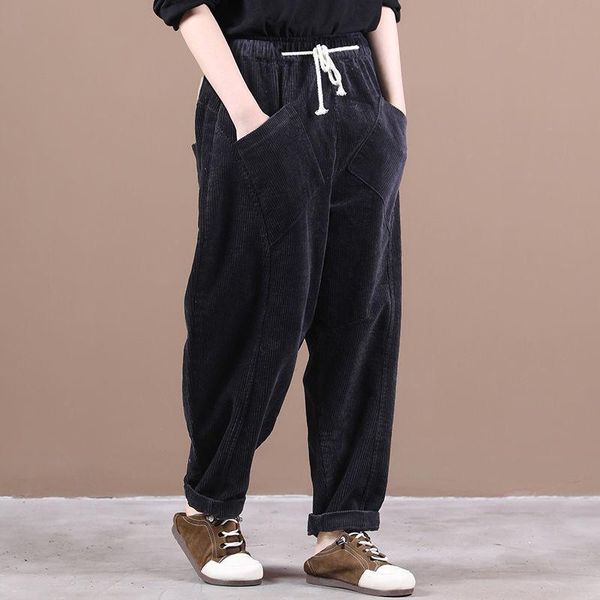 

autumn arts style women elastic waist loose pants big pocket cotton corduroy casual harem femme trousers women's & capris, Black;white