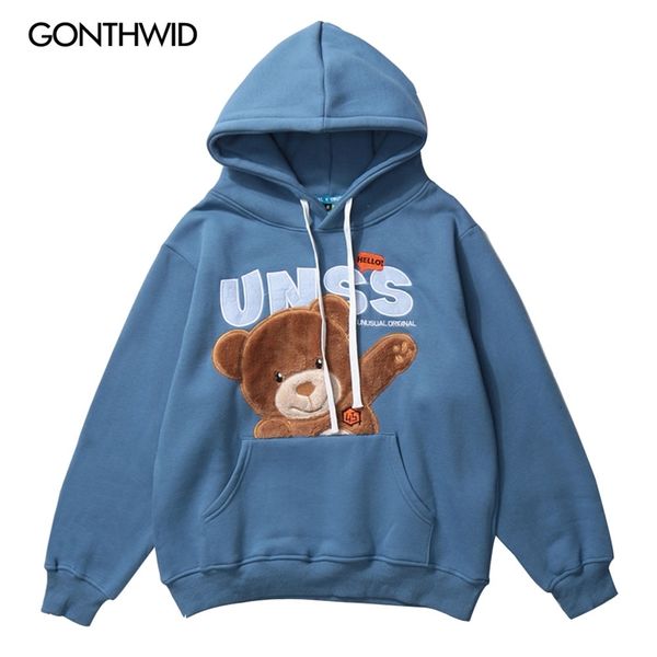 Gonthwid Yaratıcı Nakış Merhaba Bear Hoodies Streetwear Hip Hop Rahat Kazak Kapüşonlu Tişörtü Mens Harajuku Tops 210728