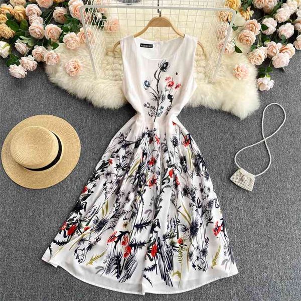 

women's fashion elegant printed a-line dress summer round neck slim sleeveless vest clothing vestidos s761 210527, Black;gray