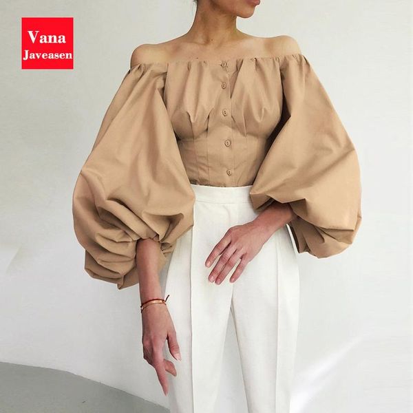 

women's blouses & shirts slash neck slim single-breasted off shoulder t lantern sleeve solid color shirt camisas mujer, White
