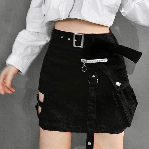 

fashion hollow out a-line sashes mini punk style high wasit women skirt with pocket female girls lady skirts, Black