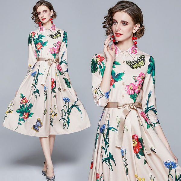 

casual dresses simgent floral butterfly dress woman three quarter sleeve elegant party print belted midi vestidos robe femme sg012222, Black;gray