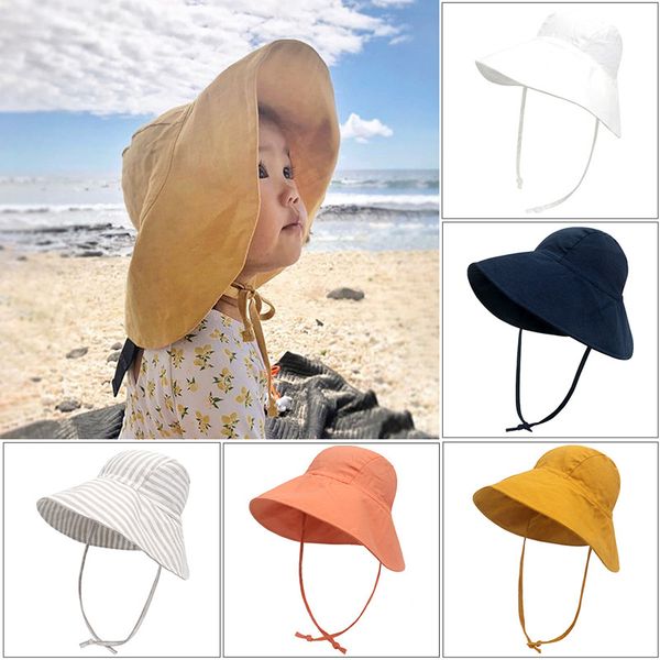 

baby bucket cap kids sun hat round broad brim wide fisherman hats with strap boy girl summer protection casual children, Yellow