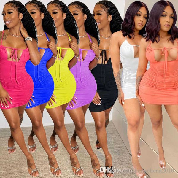

women party dresses 2022 summer designer fashion pleated chest strap back hollow out hip dress slim solid color suspender short skirt 0724, White;black