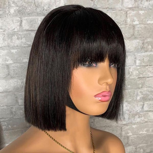 

fringe wig with bangs 150% 4x4 lace front human hair wigs baby closure remy pre plucked bleached knots1, Black;brown