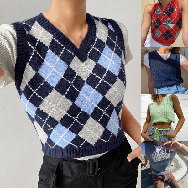 

fashion casual women plaid sweater sleeveless v-neck short knitted jumper british style retro diamond pattern ladies women's sweaters, White;black