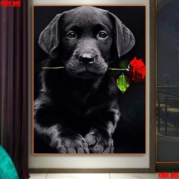 

diamond painting cute pet diy black dog and rose flower cross stitch full square round drill embroidery handcraft mosaic decor