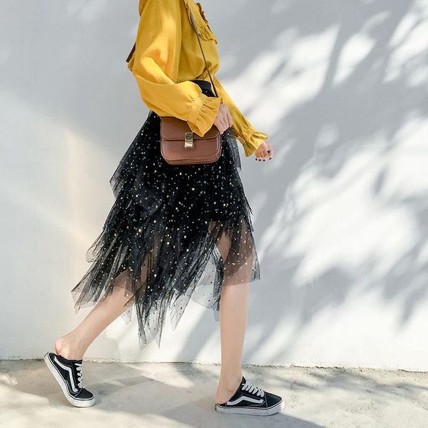 

skirts wsyore stars sequined mesh skirt irregular women fairy 2021 streetwear casual pettiskirt cake female ns1063, Black