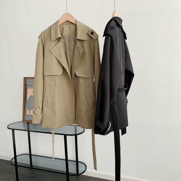 

women's trench coats nice women spring mid length coat long sleeve turn down collar open stitch femme casaco abrigo streetwear, Tan;black