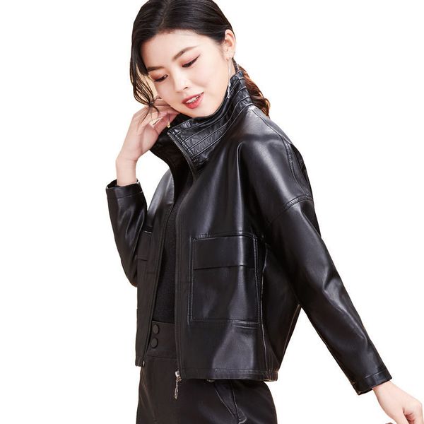 

genuine leather clothes women s short korean -style autumn clothing standing collar plus size fashionable jacket, Black