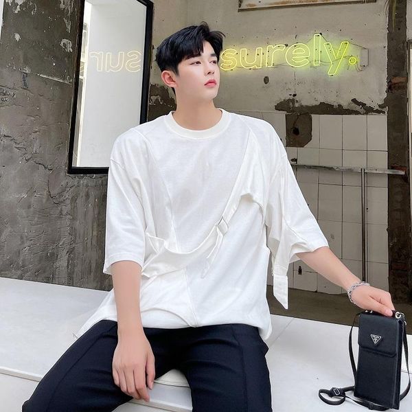 

men's t-shirts summer design feeling small crowd fake 2-piece vest trip belt loose short sleeve t-shirt fashion half japanese, White;black