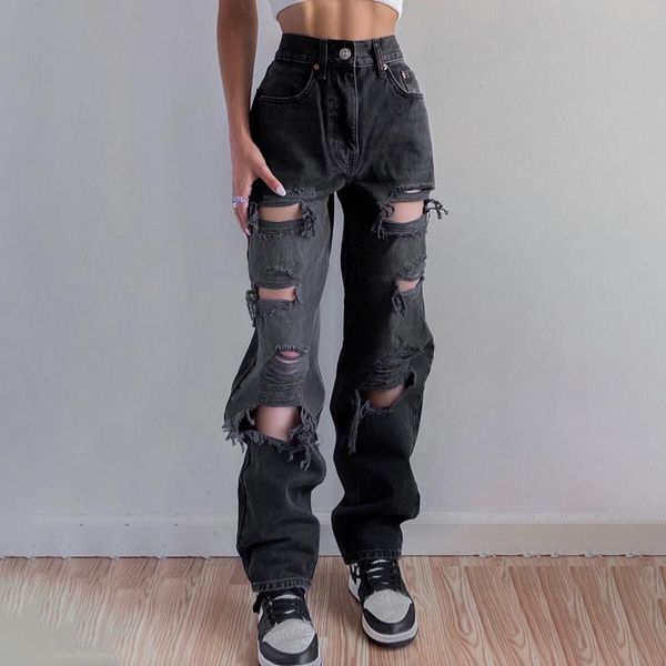 

women's jeans high waist woman 2021 korean fashion ripped pants denim trousers straight autumn streetwear pant women black jean, Blue