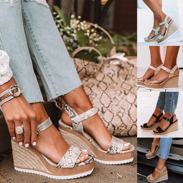 

women sandals drop wedges shoes comfortable summer ankle-strap print high heels casual platform, Black