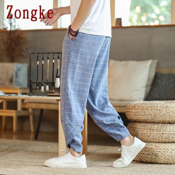 

men's pants zongke 2021 plaid harem men trousers casual joggers sweatpants hip hop streetwear male plus size m-5xl, Black