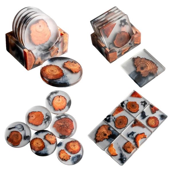 

mats & pads pine wood resin coasters with holder rack unique heat-resistant placemats drinks mat waterproof non-slip tea cup pad