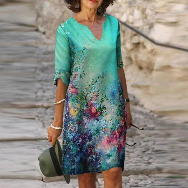 

casual dresses 2021 women printing dress summer v-neck half sleeve a-line female retro litera vintage loose vestidos, Black;gray