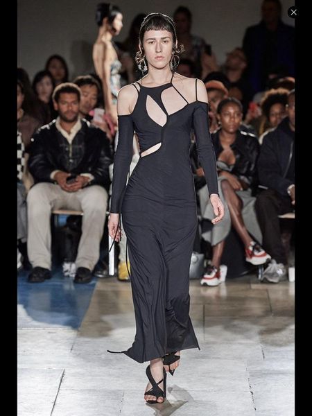 

casual dresses xllais 2021 fall long sleeve midi dress black cotton cut out robe women tassel split streetwear catwalk style, Black;gray
