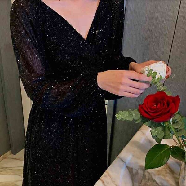 

casual dresses party korean fashion design long sleeve vintage y2k women elegant winter fairy midi bandage 6m02, Black;gray