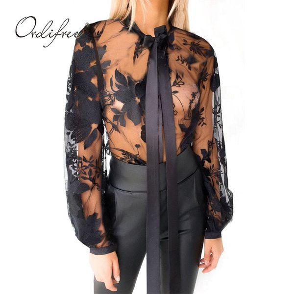 

summer women black lace shirt long sleeve bow transparent blouse 210415, White