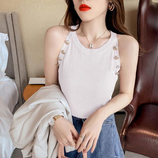 

summer women's knitting o-neck off-shoulder tank female stretchy hollow out camisole sleeveless tee shirts women s789 tanks & camis, White