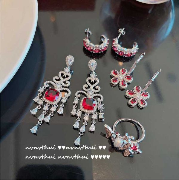 

earrings & necklace bright berry ruby pigeon blood red teardrop zircon ring, Silver