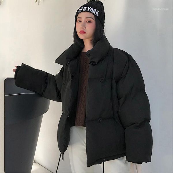 

korean style stand collar winter jacket women breasted buttons coat for short black puffer parka female women's down & parkas