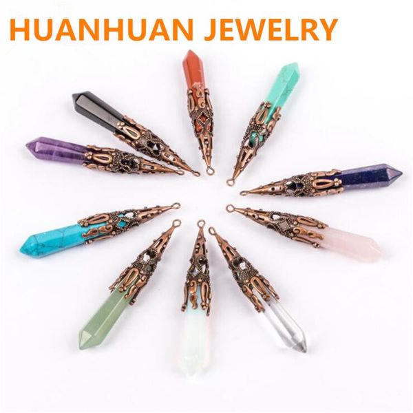 

charms fashion simple natural stone turquoises amethysts point pendant metal flower mineral jewelry couple souvenir gift, Bronze;silver