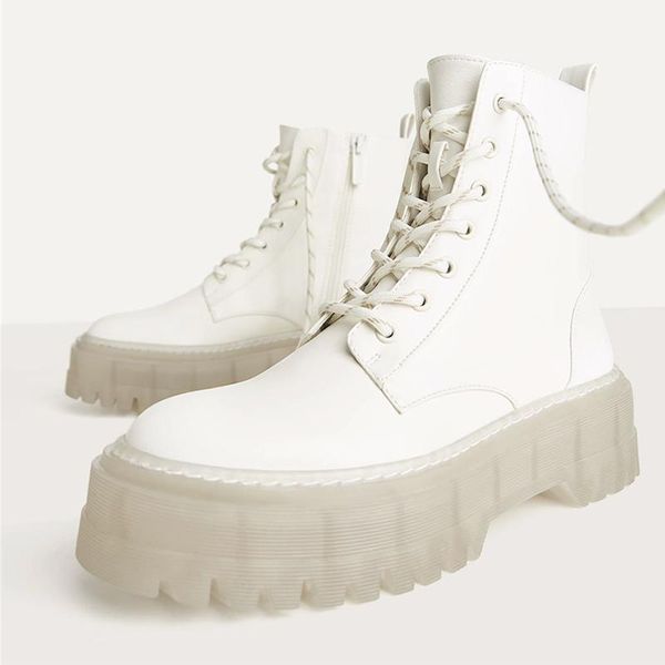 

transparent heel ankle boots for women white lace up platform autumn ins chunky motorcycle, Black