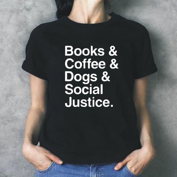 

women's t-shirt summer short sleeve tee shirt femme casual plus size books coffee dogs social justice letter t women camiseta mujer, White