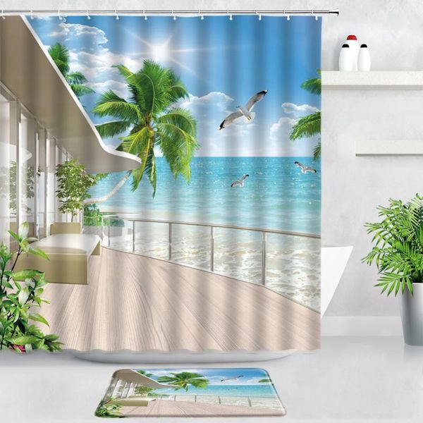 

shower curtains 3d beach palm tree ocean landscape curtain set carpet summer tropical plant resort scenery bathroom non-slip rug bath mat
