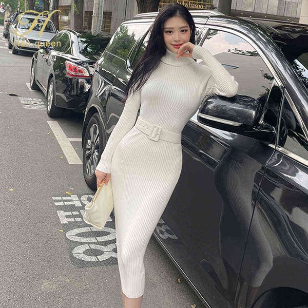 

h han queen sheath bodycon knitted dress bottoming women soft elastic turtleneck sweater autumn winter party dresses with belt g1214, Black;gray