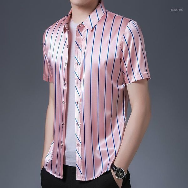 

men's leisure silk shirt summer fashion stripes smooth satin male casual streetwear short seeved shirts, White;black