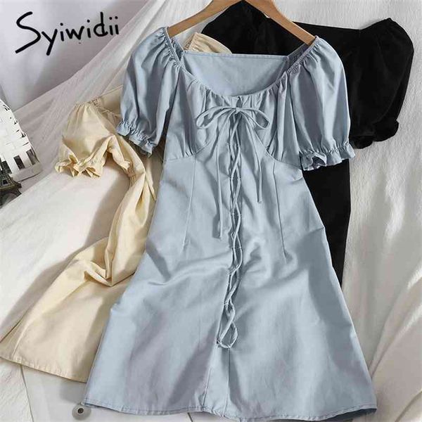 

dress for women summer korean back elastic v-neck puff sleeve with belt office lady dresses blue black white 210607, Black;gray