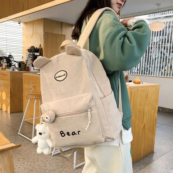 

backpack corduroy cute bear women cartoon shoulder school bags for teens japanese ins kawaii travel backpacks ladies 2021