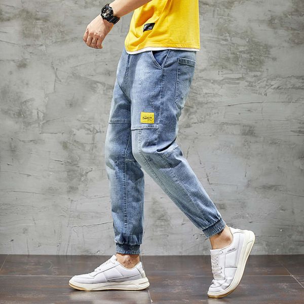 

men's jeans autumn 9-point loose fit large versatile elastic small foot binding harem fashion brand krs5, Blue