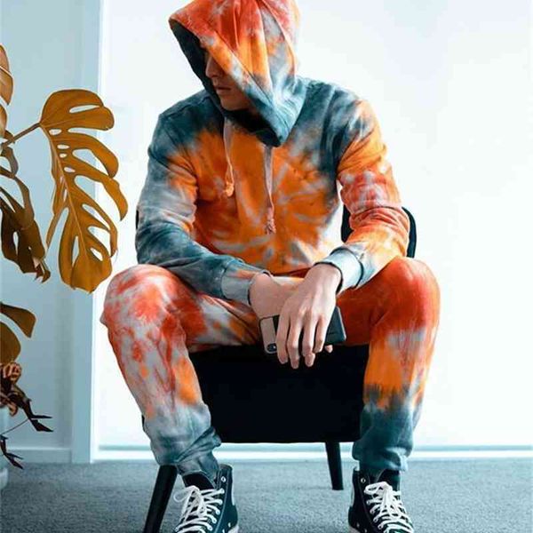 

style personality fashion trend tie dye graffiti 3d printing set men's large hooded sweater pants, Gray