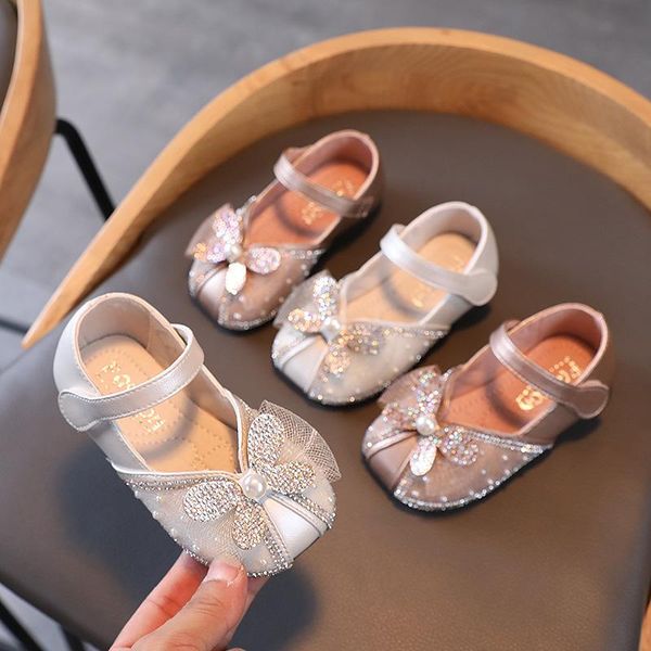 

flat shoes autumn baby girls leather bow princess soft sole 1-3 years old children, Black;grey
