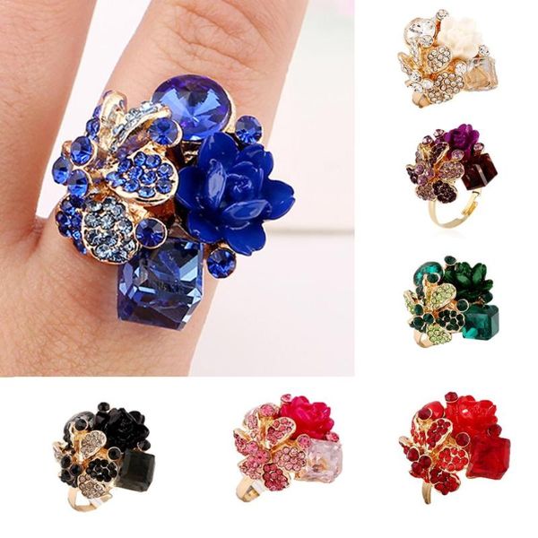 Anelli a grappolo Cubo di cristallo di lusso Fiori Strass Sfera Anello con zirconi Moda Donna Dichiarazione Gioielli Regali per dimensioni regolabili