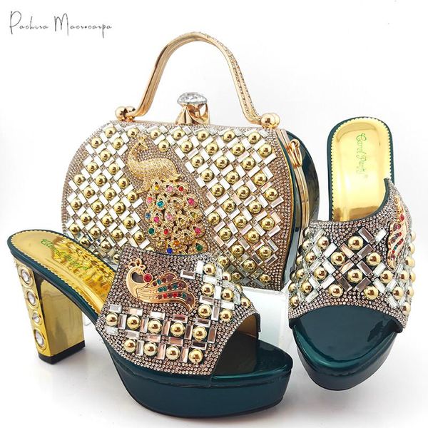 

dress shoes 2021 lastest d.green color italian design phoenix style metal decoration african nigerian ladies and bag set for party, Black