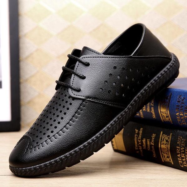

dress shoes men's sandals summer hollow leather soft casual breathable dad hole, Black