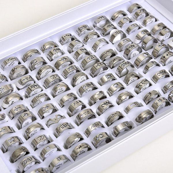 

wholesale 100pcs/lots bulk hollow silver color stainless steel rings for men womens mix animal love etc style size 17mm to 21mm 220217, Slivery;golden