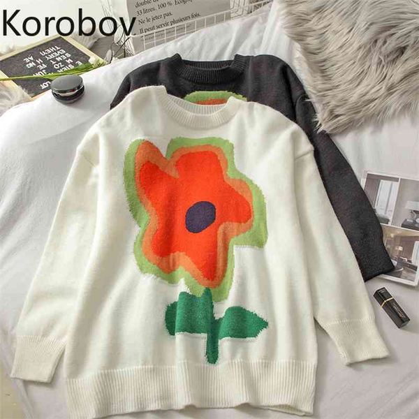 

korobov korean vintage hit color flower embroidery o neck pullovers korean long sleeve sweaters autumn winter basic sueter mujer 210430, White;black
