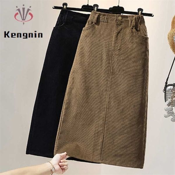 

corduroy midi skirts loose oversized women autumn winter thick ladies a-line elastic waist female ke1739 211109, Black