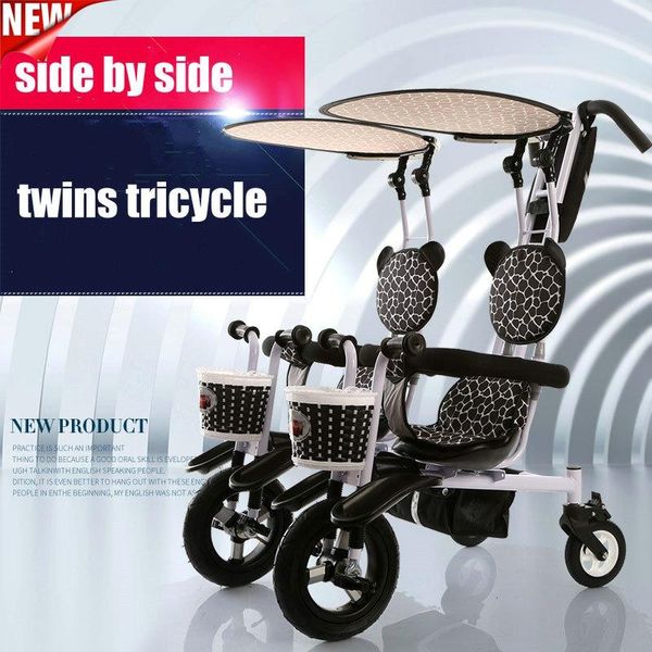 

gift sets pandatwins tricycle with air inflatable rubber wheel & steel frame, pedal tandem trike, remove push rod stroller for 2 kids