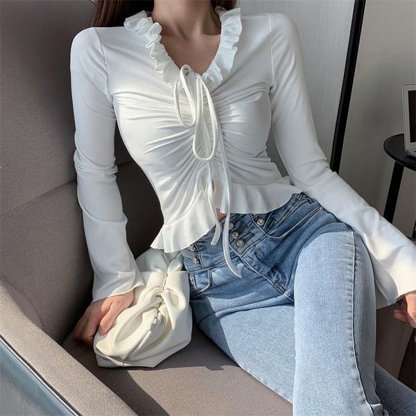

women's t-shirt rugod 2021 spring v-neck simple solid bow knot ruffles shirt elegant fashion basic bottoming all-match outgoing top, White